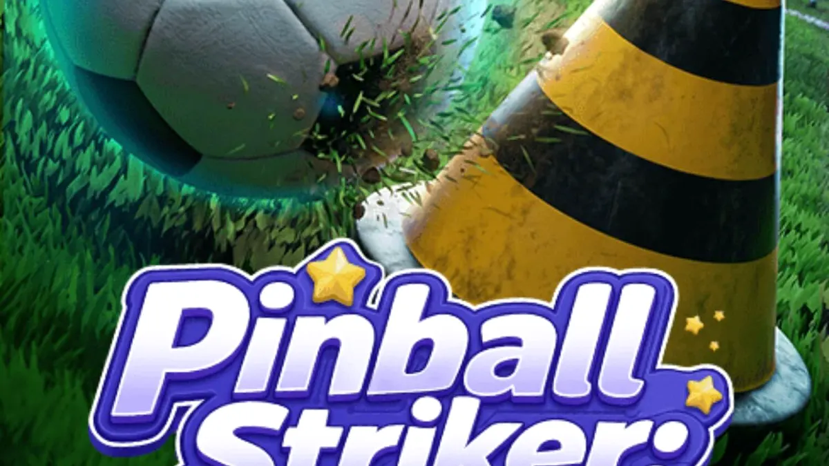 Tampilan layar permainan Pinball Striker 20,000x dengan tema sepak bola neon